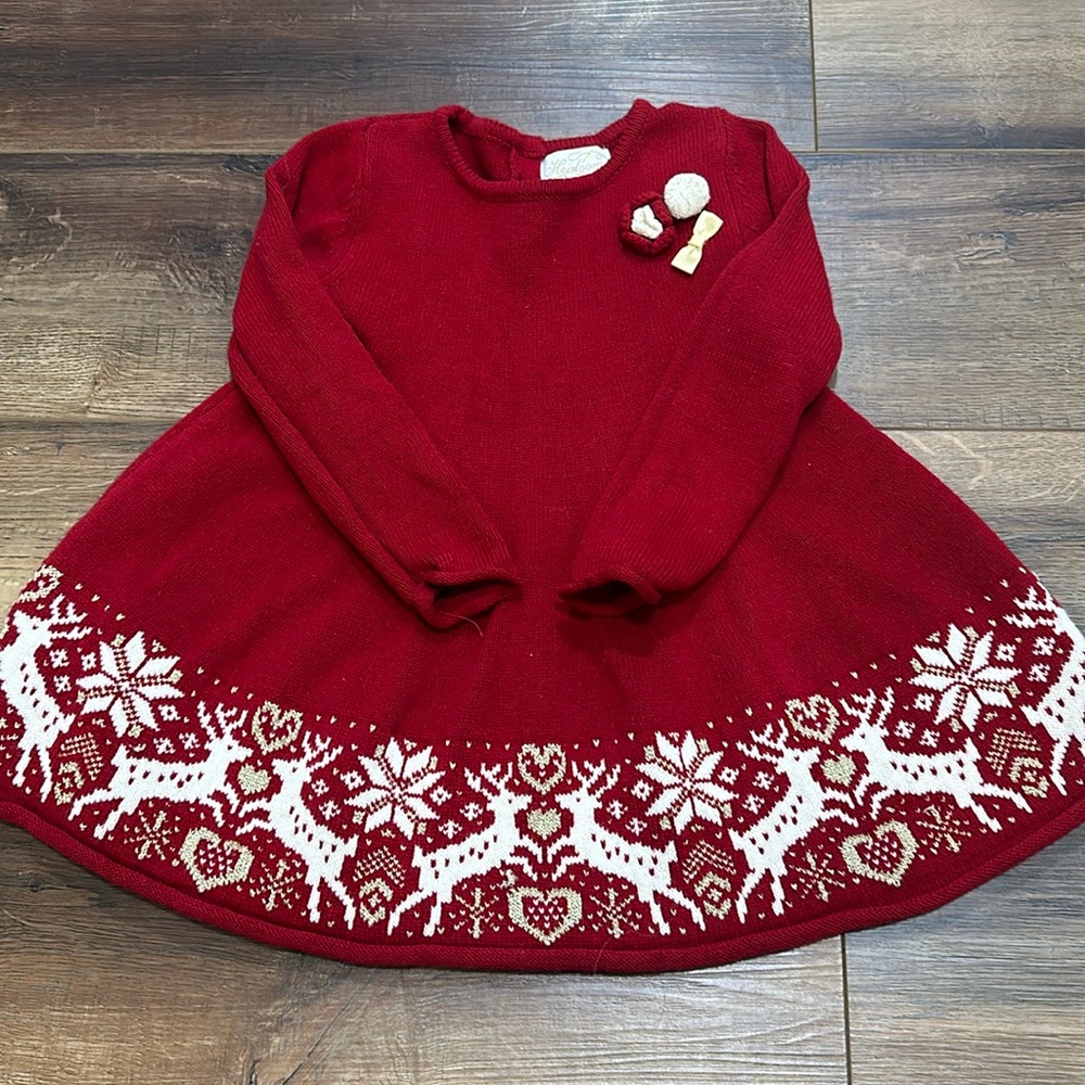Red Christmas sweater dress with sparkles and reindeer